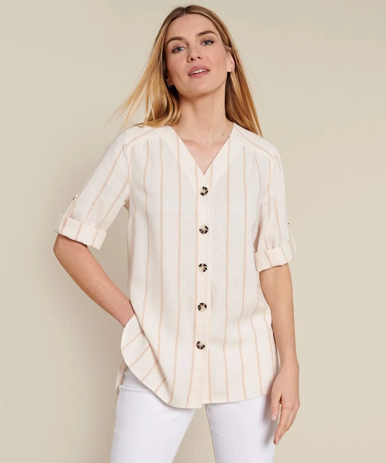 Linen Rich Button Front Striped Blouse