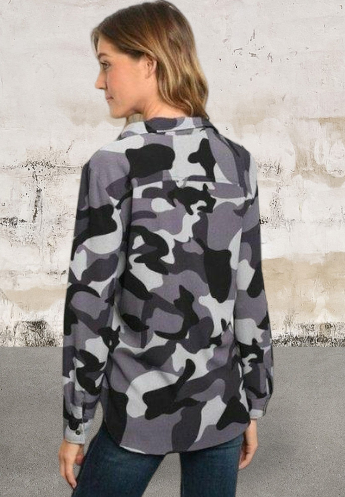 Long sleeve camouflage button front top