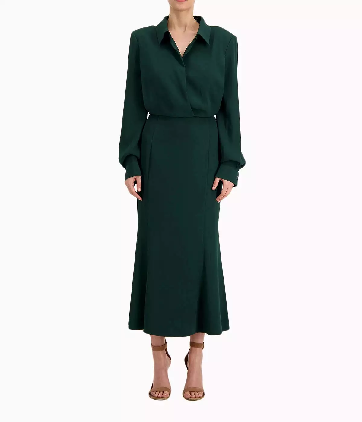 Long Sleeve Collar Midi Dress in Green