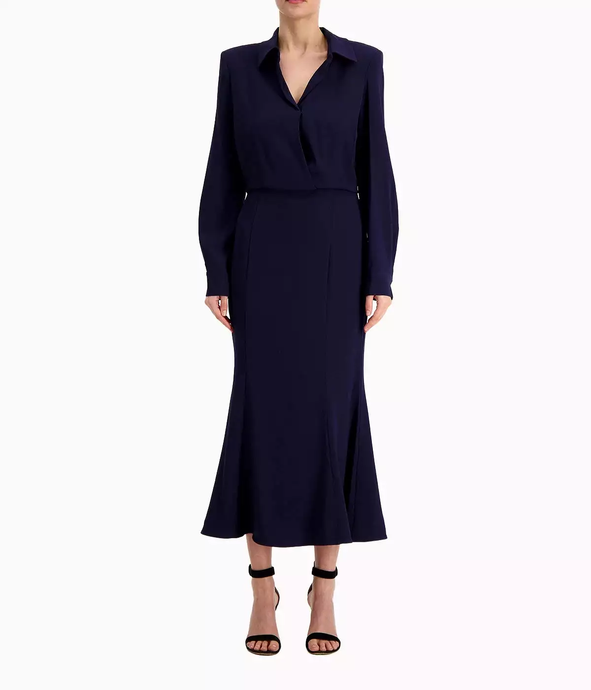 Long Sleeve Collar Midi Dress in Navy