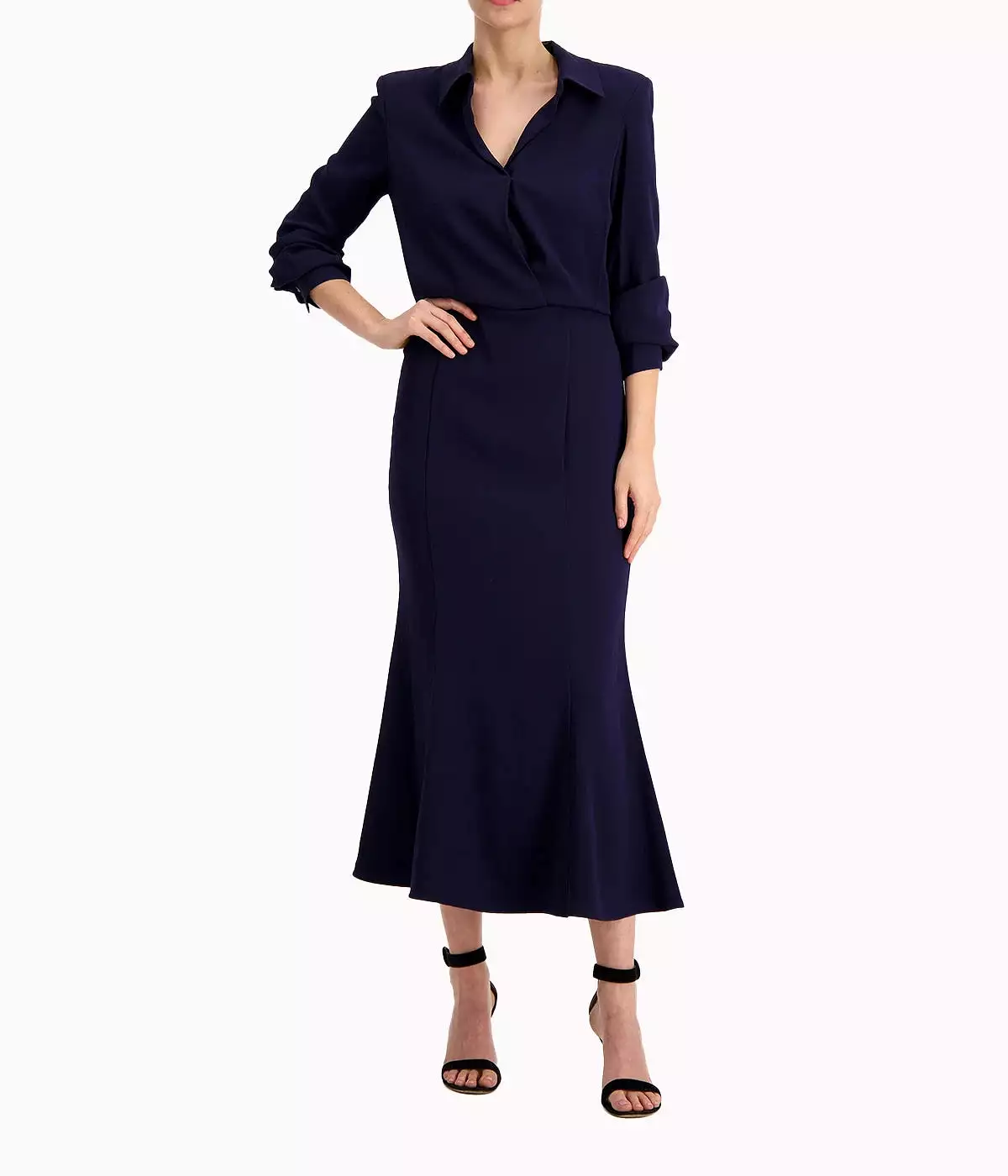 Long Sleeve Collar Midi Dress in Navy