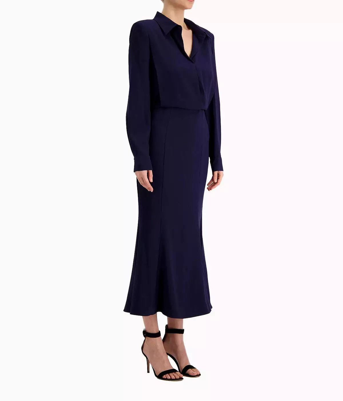 Long Sleeve Collar Midi Dress in Navy