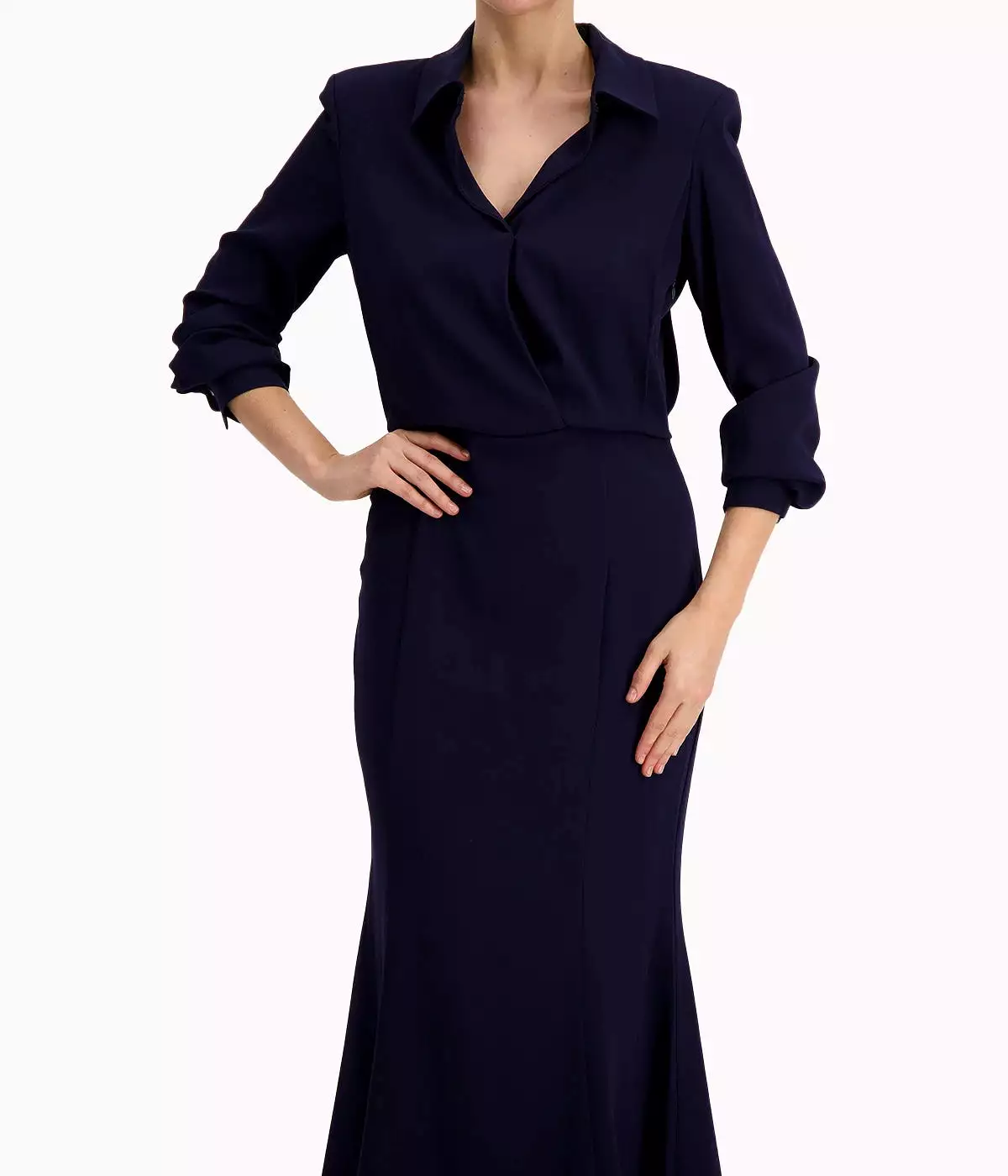 Long Sleeve Collar Midi Dress in Navy