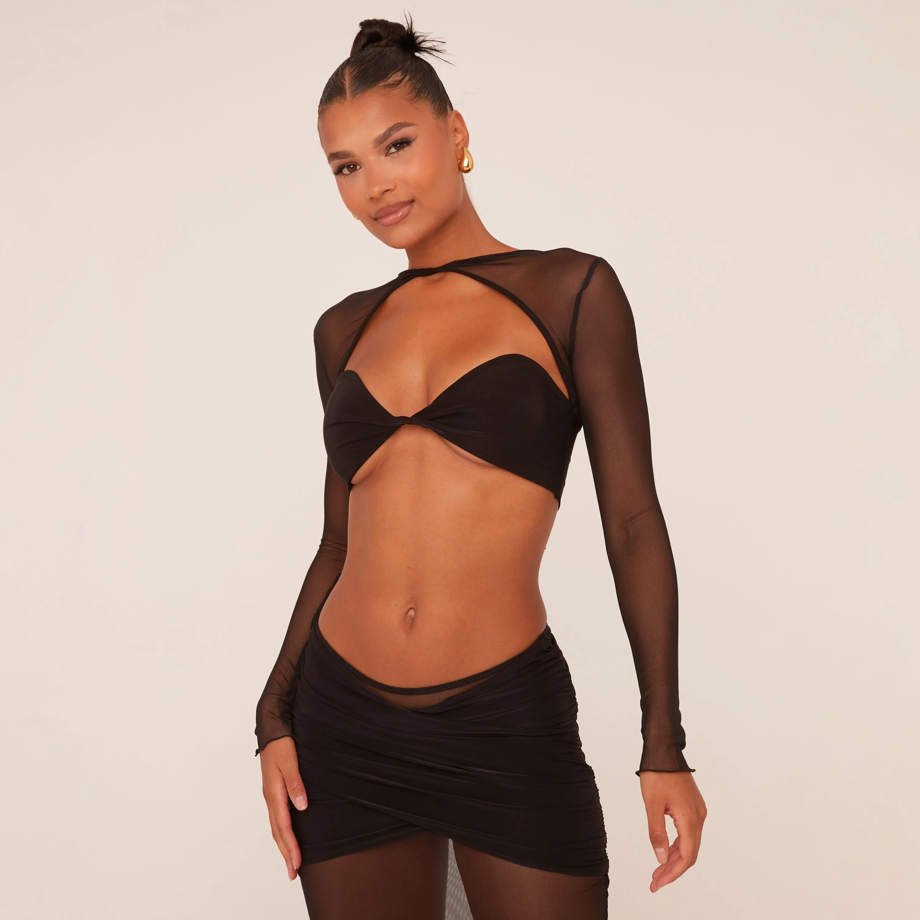 Long Sleeve Cut Out Neck Slinky Twist Bust Crop Top In Black Mesh