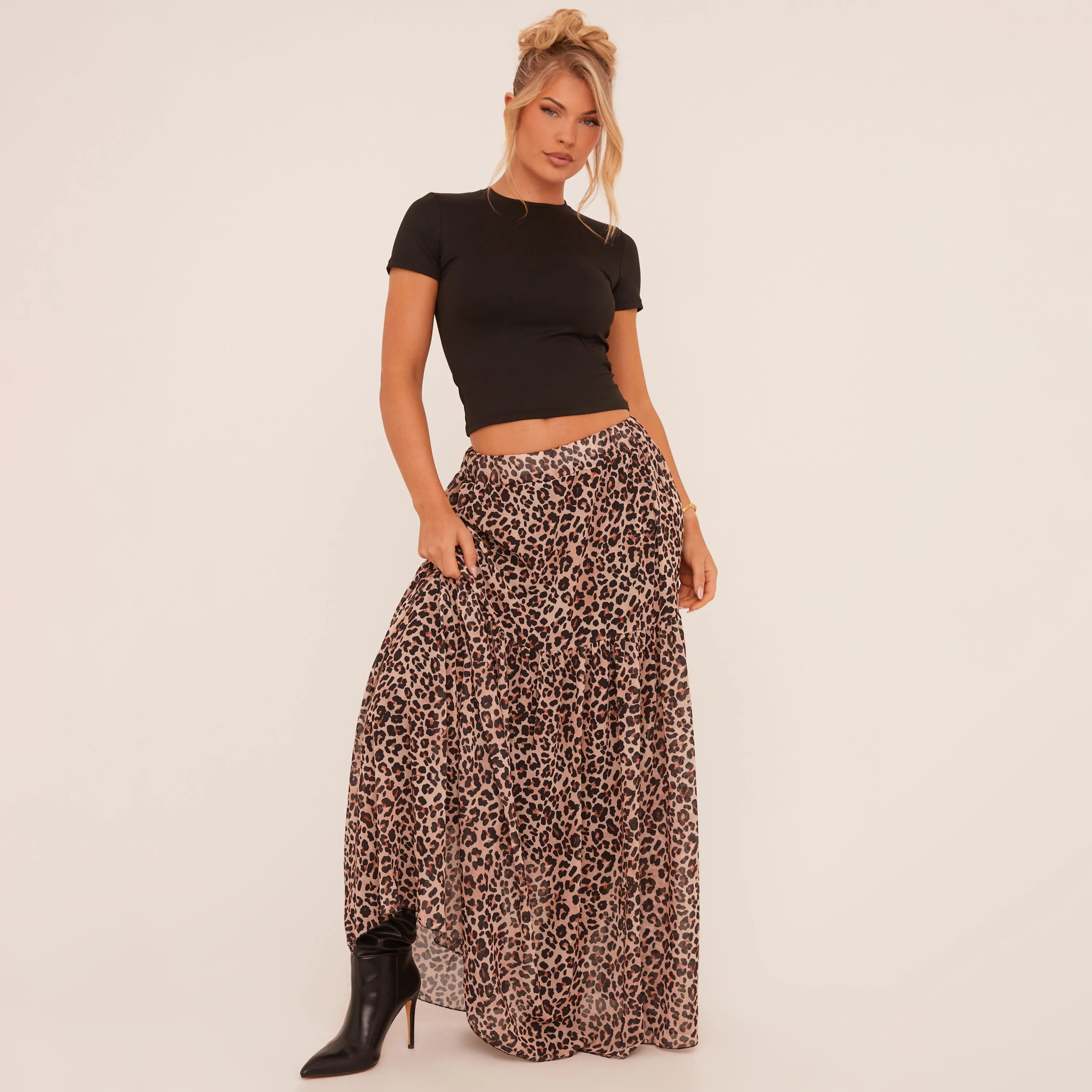 Low Rise Tiered Maxi Skirt In Brown Leopard Print Woven