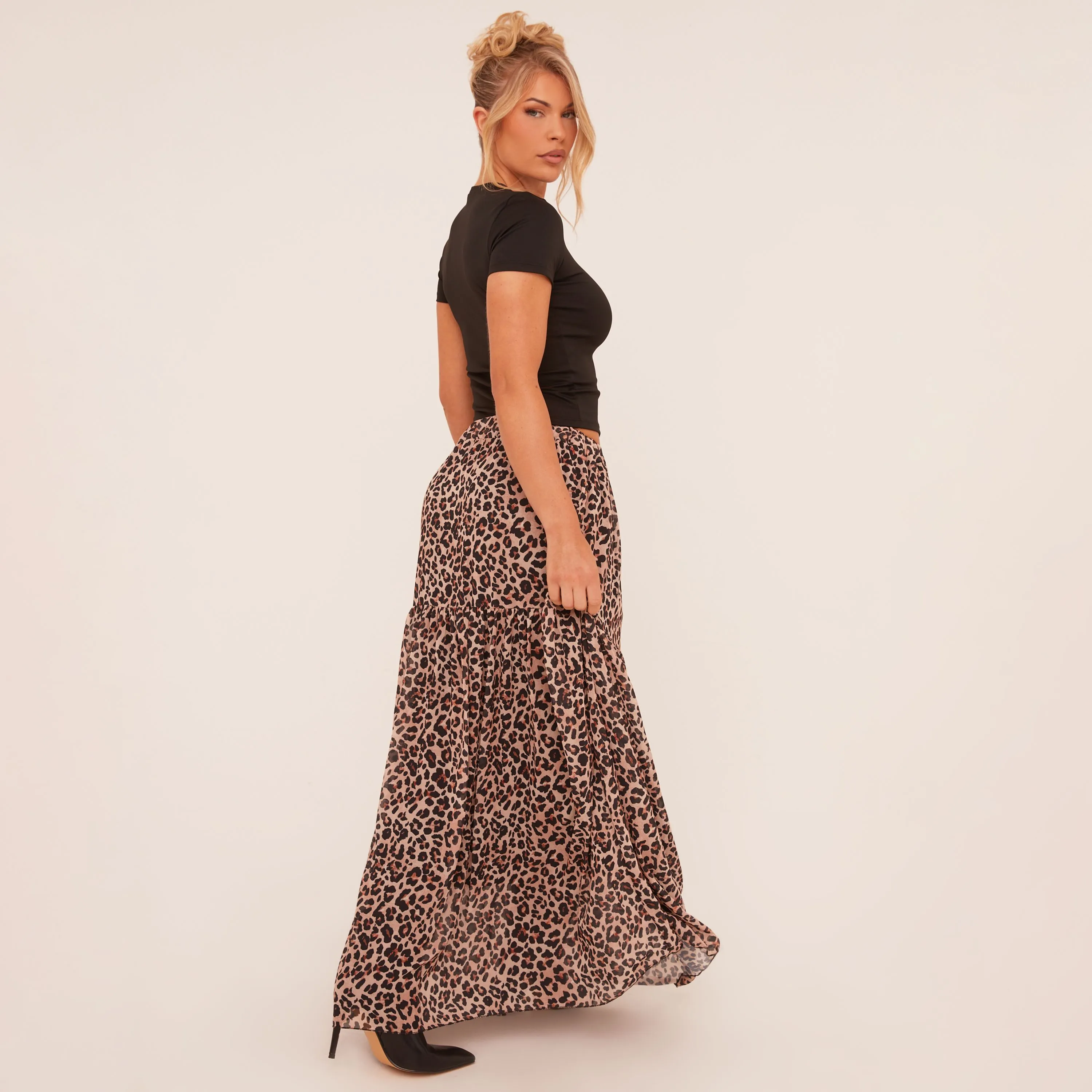 Low Rise Tiered Maxi Skirt In Brown Leopard Print Woven