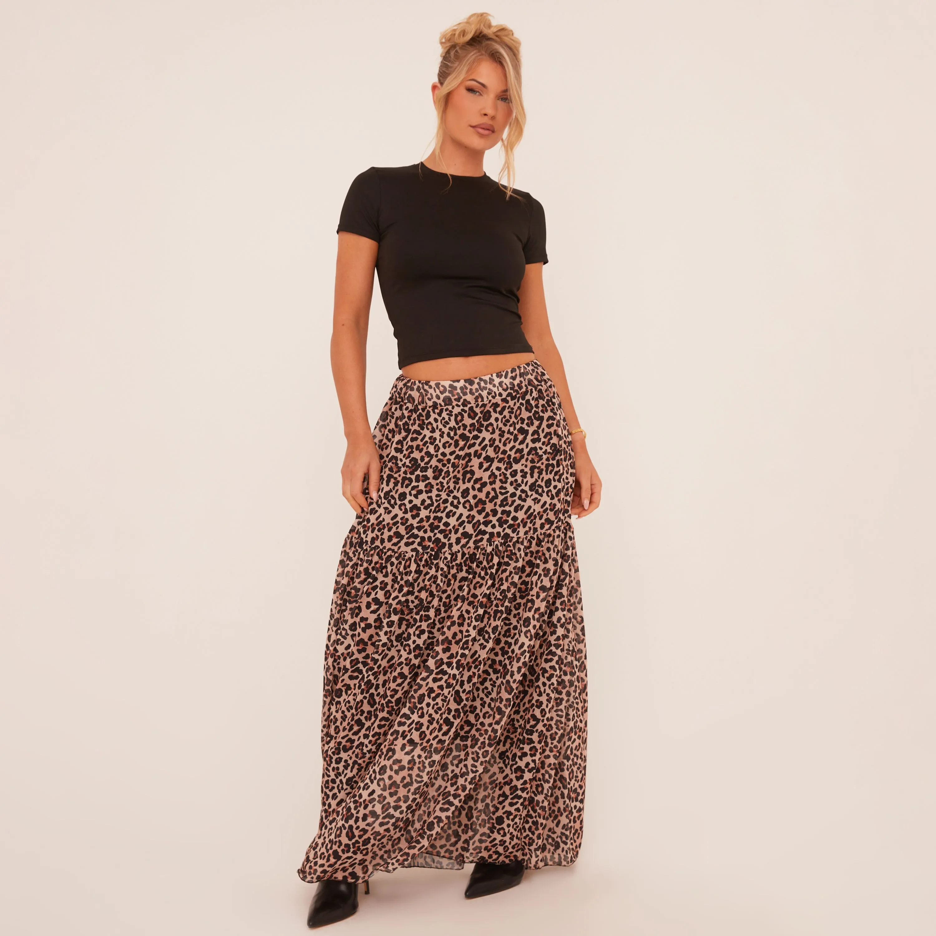 Low Rise Tiered Maxi Skirt In Brown Leopard Print Woven