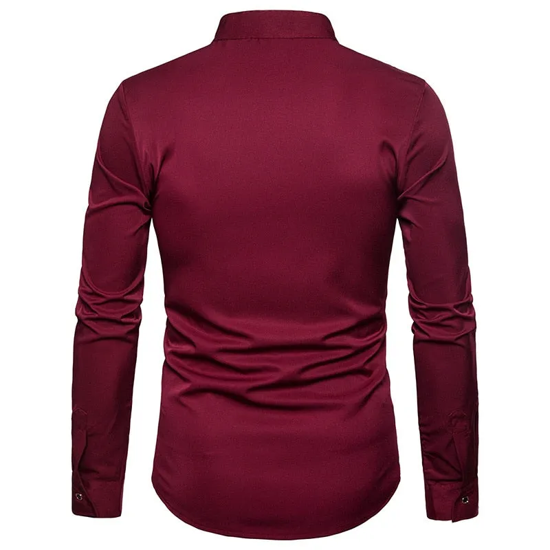 Men's Casual Slim Fit Mandarin Collar Embroidered Long Sleeve Shirt