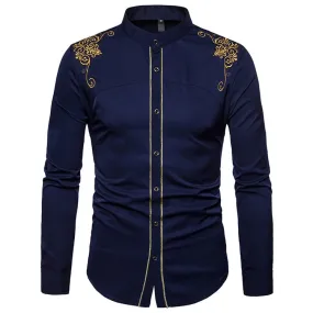 Men's Casual Slim Fit Mandarin Collar Embroidered Long Sleeve Shirt