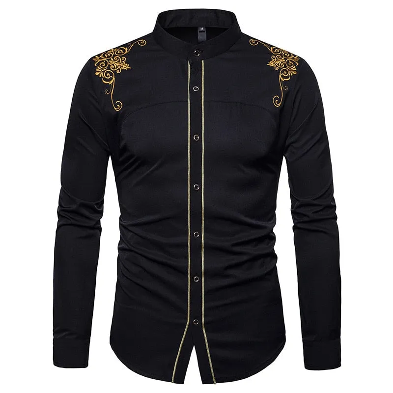 Men's Casual Slim Fit Mandarin Collar Embroidered Long Sleeve Shirt