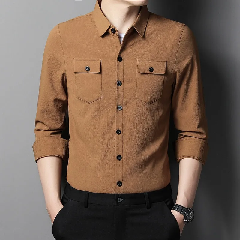 Men's Luxury Two Pocket Square Collar Casual Style Long Sleeve Shirt