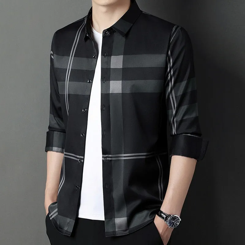 Men's Square Collar Casual Style Striped Pattern Long Sleeve Shirt