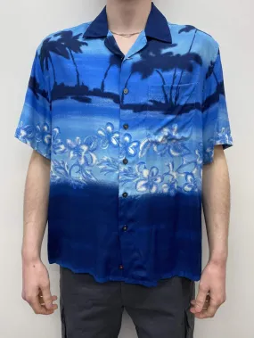 Mens vintage Hawaiian shirt with blue floral palm design perfect for a Summer festival or party – XL / XXL