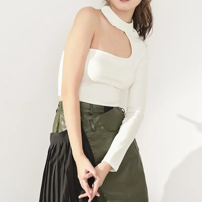 Nanako O-Neck Long Sleeve Crop Top- White