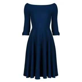 Navy Blue 3/4 Sleeve Bardot Vintage Fit And Flare Midi Dress