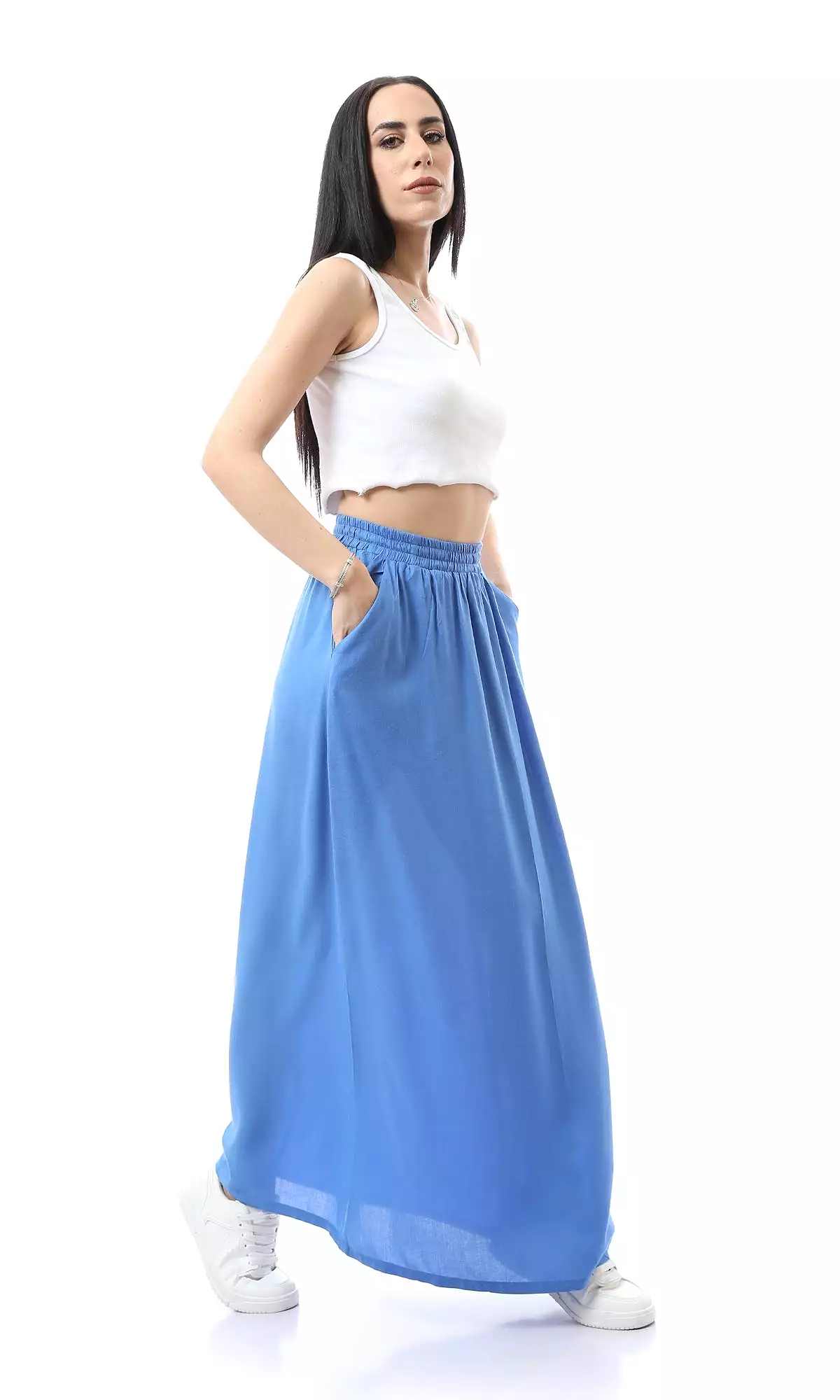 O165299 Cornflower Blue Maxi Skirt With Side Pockets