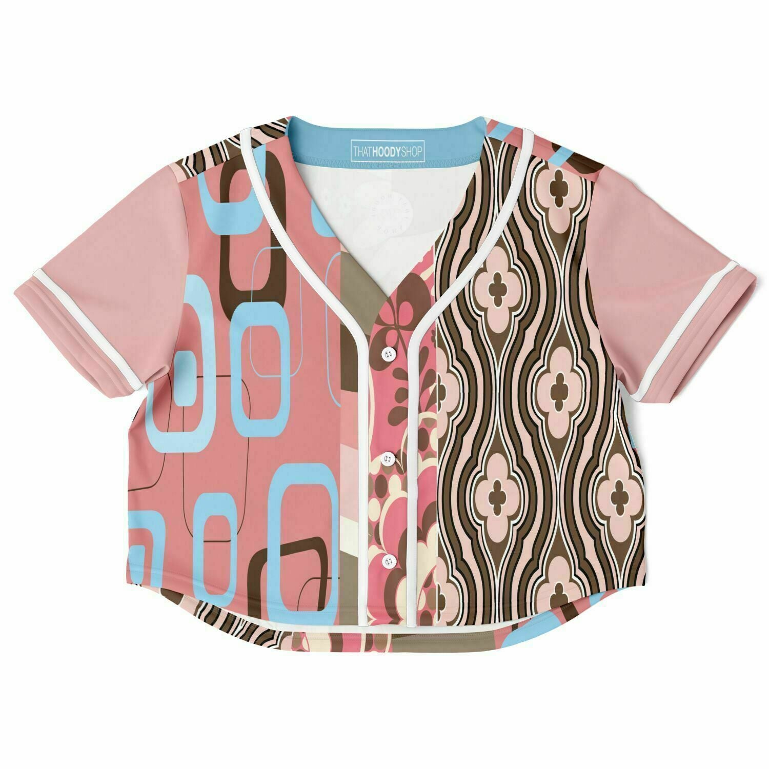 Pink Geo Patchwork Cropped Button Front Jersey