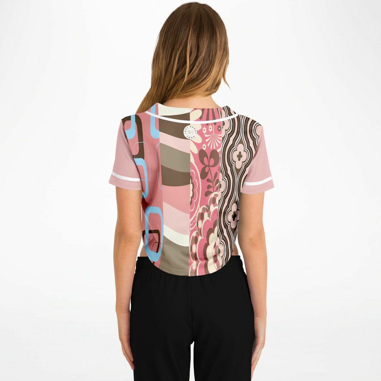 Pink Geo Patchwork Cropped Button Front Jersey