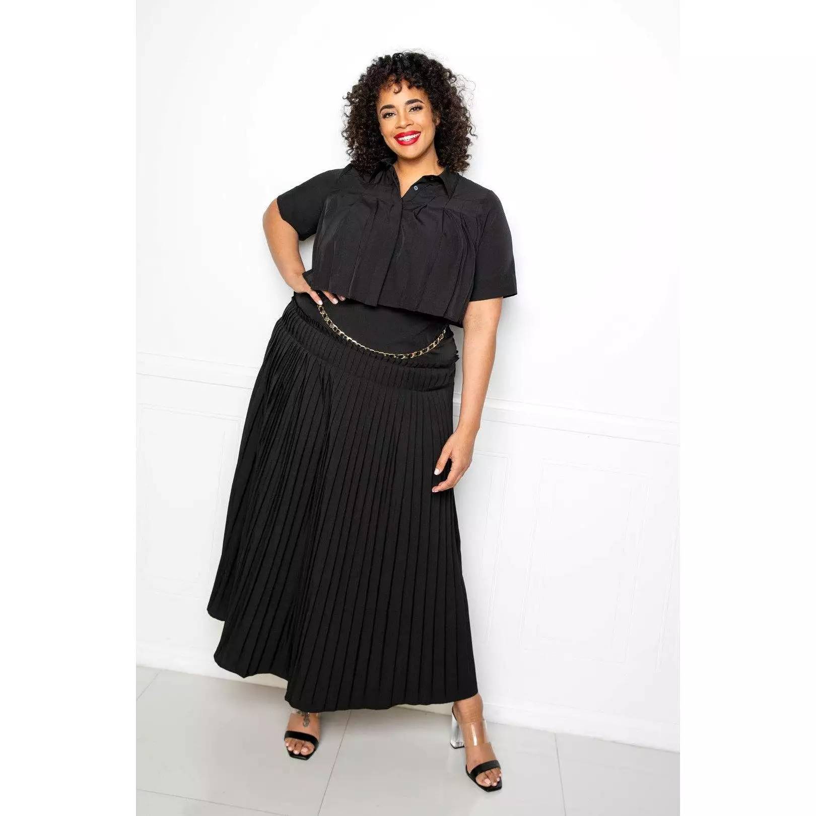 Pleated Cropped Shirt And Maxi Skirt Set