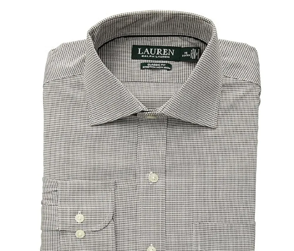 Ralph Lauren Men's Classic Fit No Iron Houndstooth Warren Dress Shirt Brown Size 18X34X35