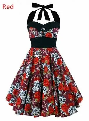 Retro Vintage Style Sleeveless 3D Skull Floral Printed Summer Women's Dress