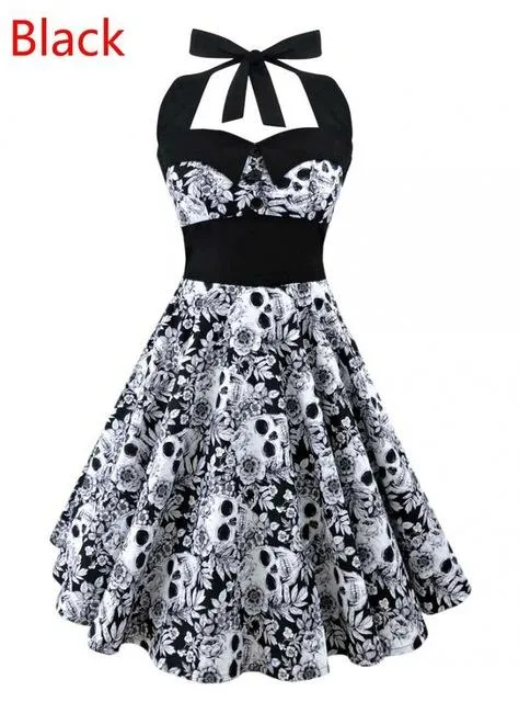 Retro Vintage Style Sleeveless 3D Skull Floral Printed Summer Women's Dress