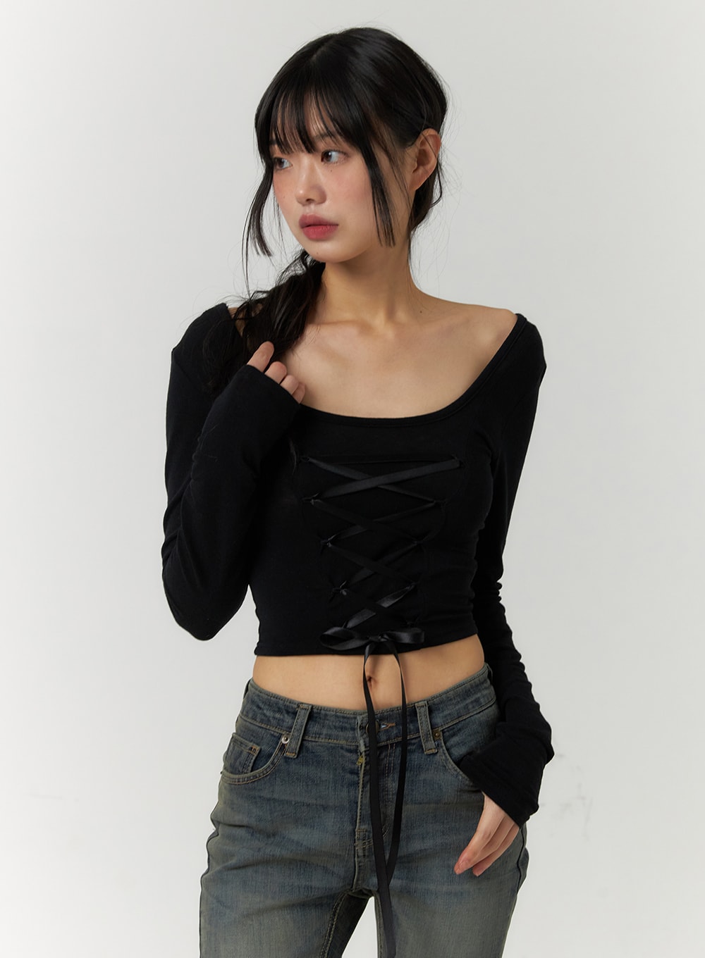 Ribbon Lace-Up Boat Neck Crop Top CF407