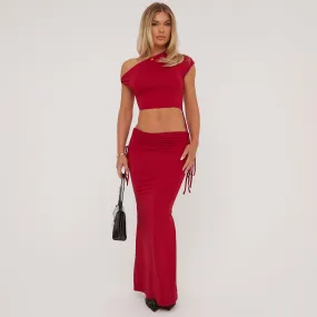 Ruched Detail Asymmetric One Shoulder Crop Top And Low Rise Maxi Skirt Co-Ord Set In Red Slinky