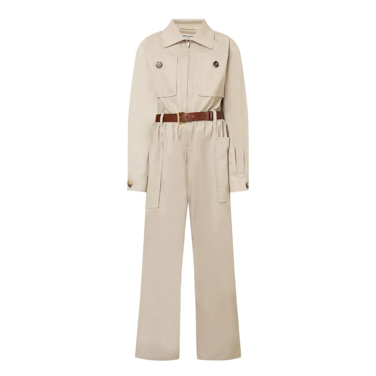 SAINT LAURENT Belted Straight Leg Jumpsuit - Beige