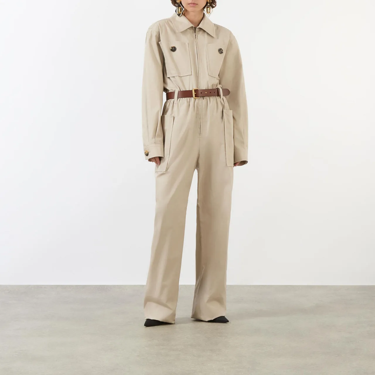 SAINT LAURENT Belted Straight Leg Jumpsuit - Beige