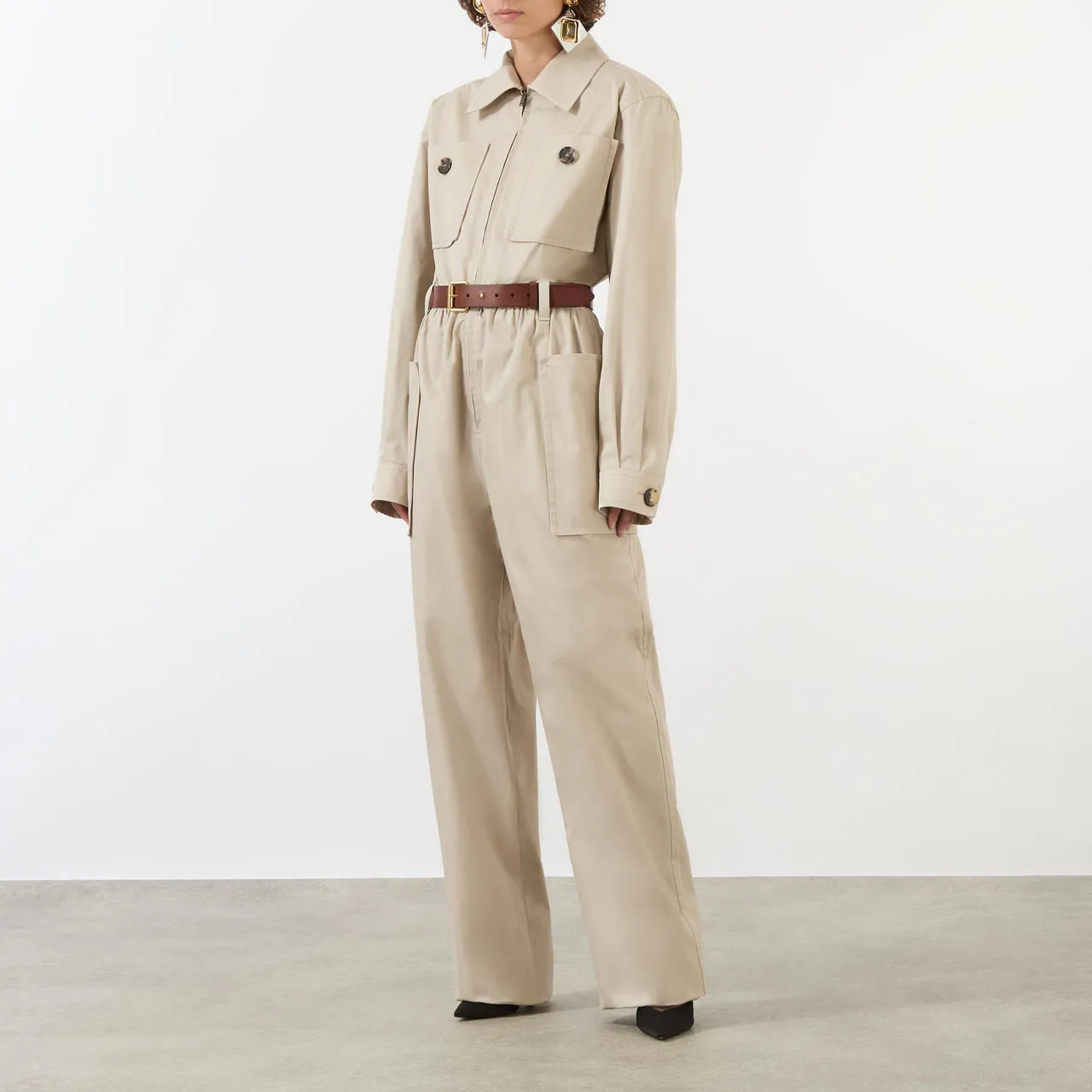 SAINT LAURENT Belted Straight Leg Jumpsuit - Beige