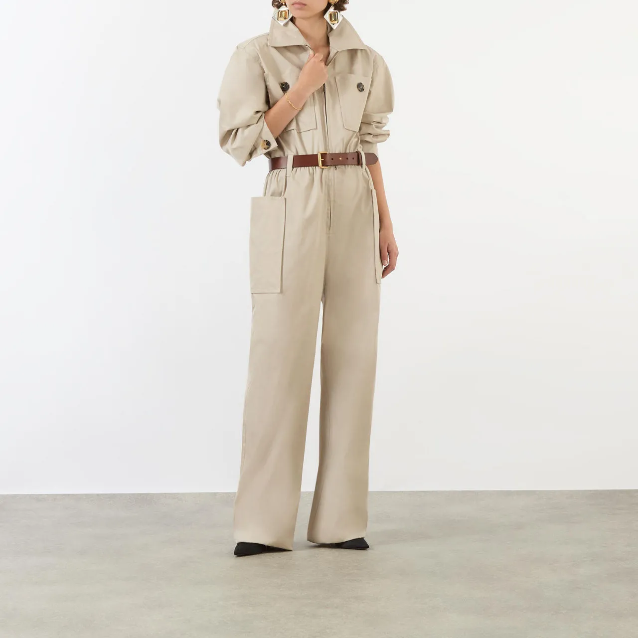 SAINT LAURENT Belted Straight Leg Jumpsuit - Beige