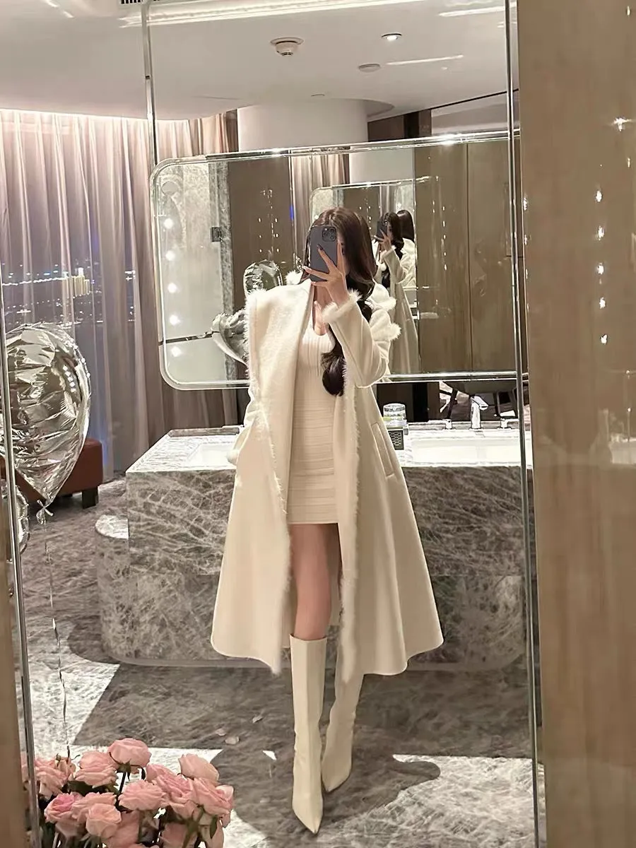 Shanxishuo wool cashmere double-sided nylon coat for women with mink fur lapel tie waist mid-length warm coat (B8899)