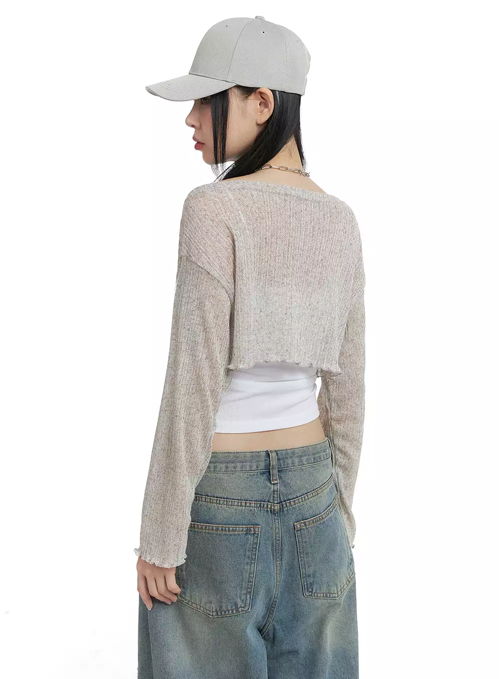 Shirred Drawstring V-Neck Crop Long Sleeve OM426