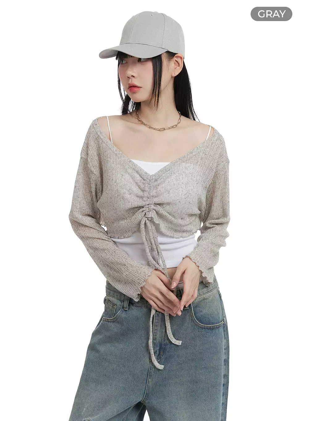 Shirred Drawstring V-Neck Crop Long Sleeve OM426