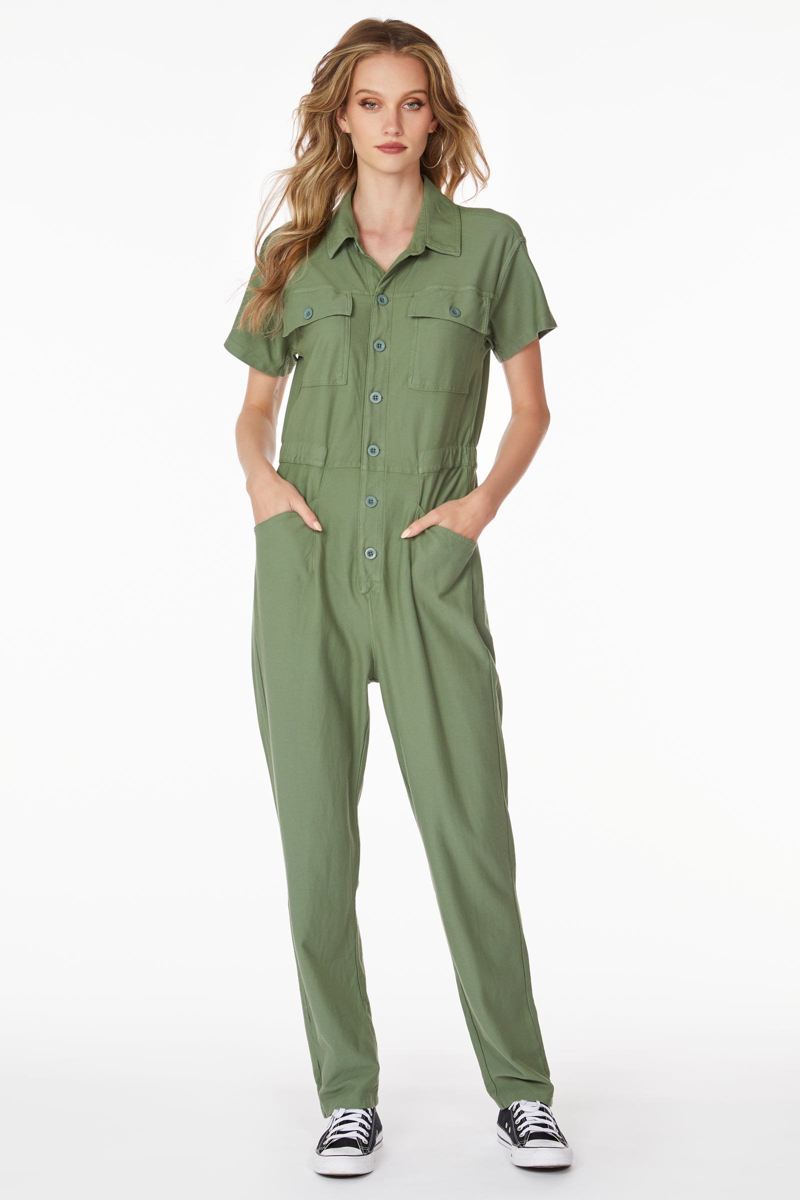 SHORT SLEEVE BUTTON FRONT JUMPSUIT