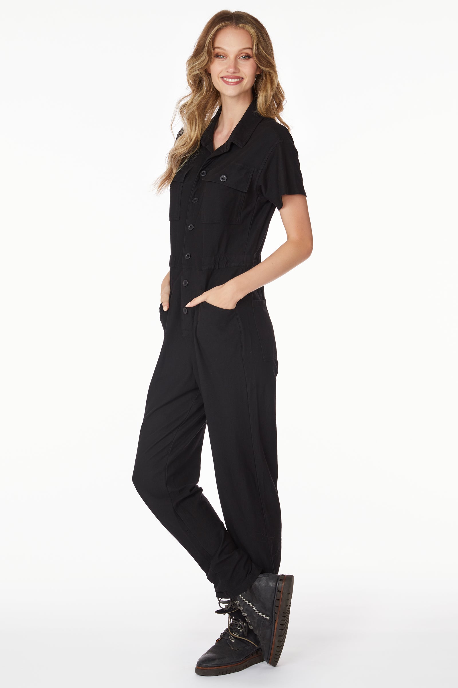 SHORT SLEEVE BUTTON FRONT JUMPSUIT