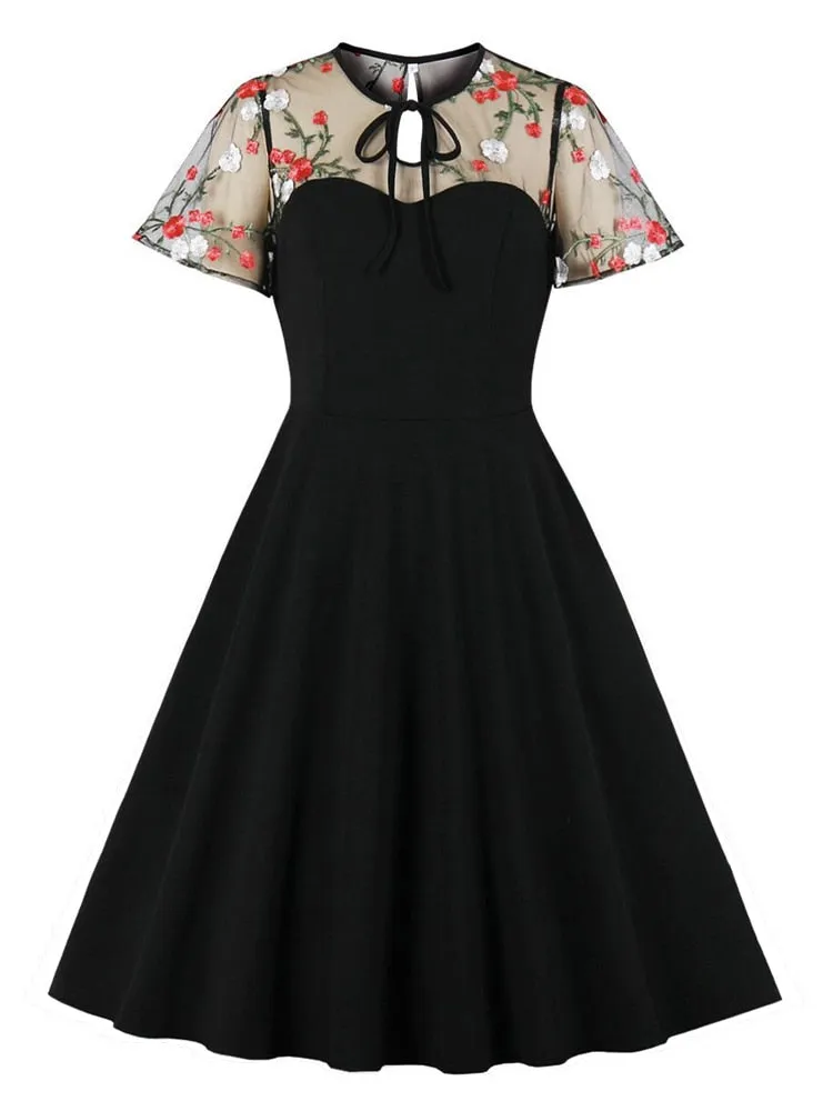 Short Sleeve Contrast Mesh Elegant Women Floral Embroidery Tie Neck Pocket Side Summer Vintage Swing Dress