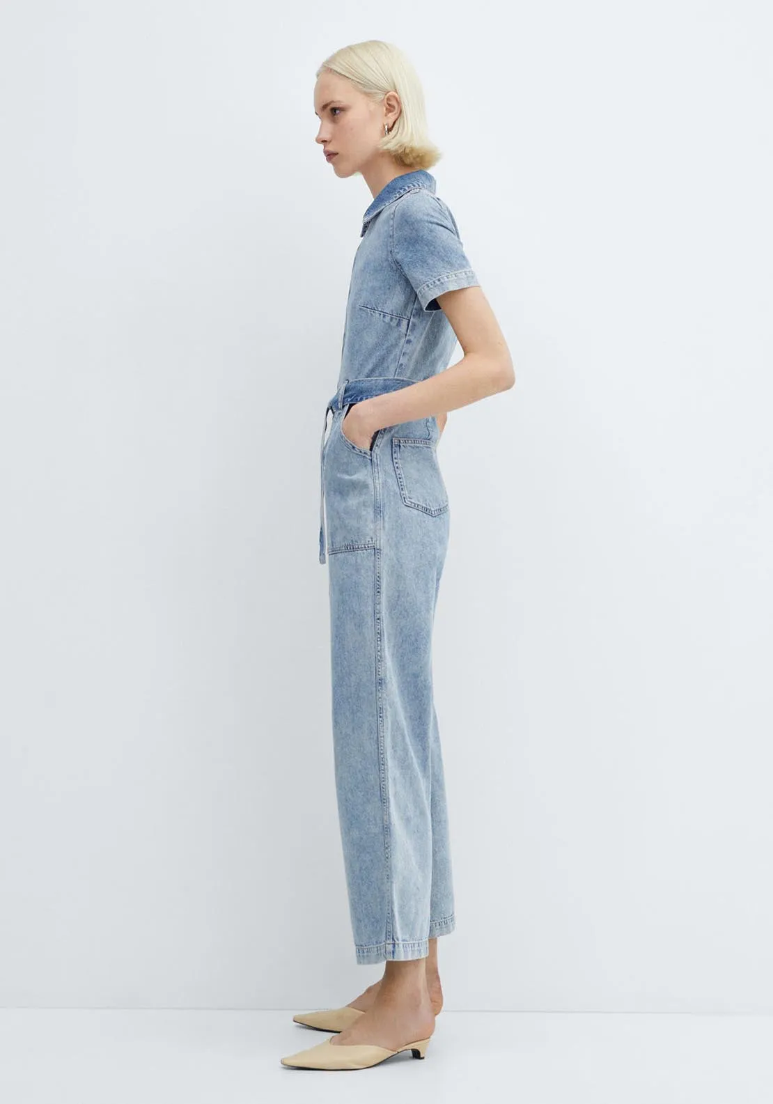 Short-sleeved denim jumpsuit