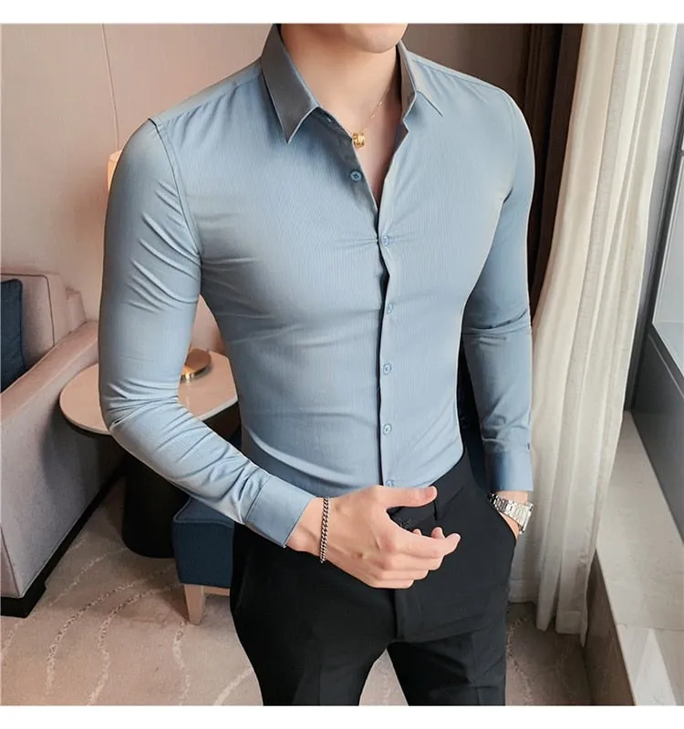 Slim Fit Striped British Style Long Sleeve Embroidery Collar Shirt for Men