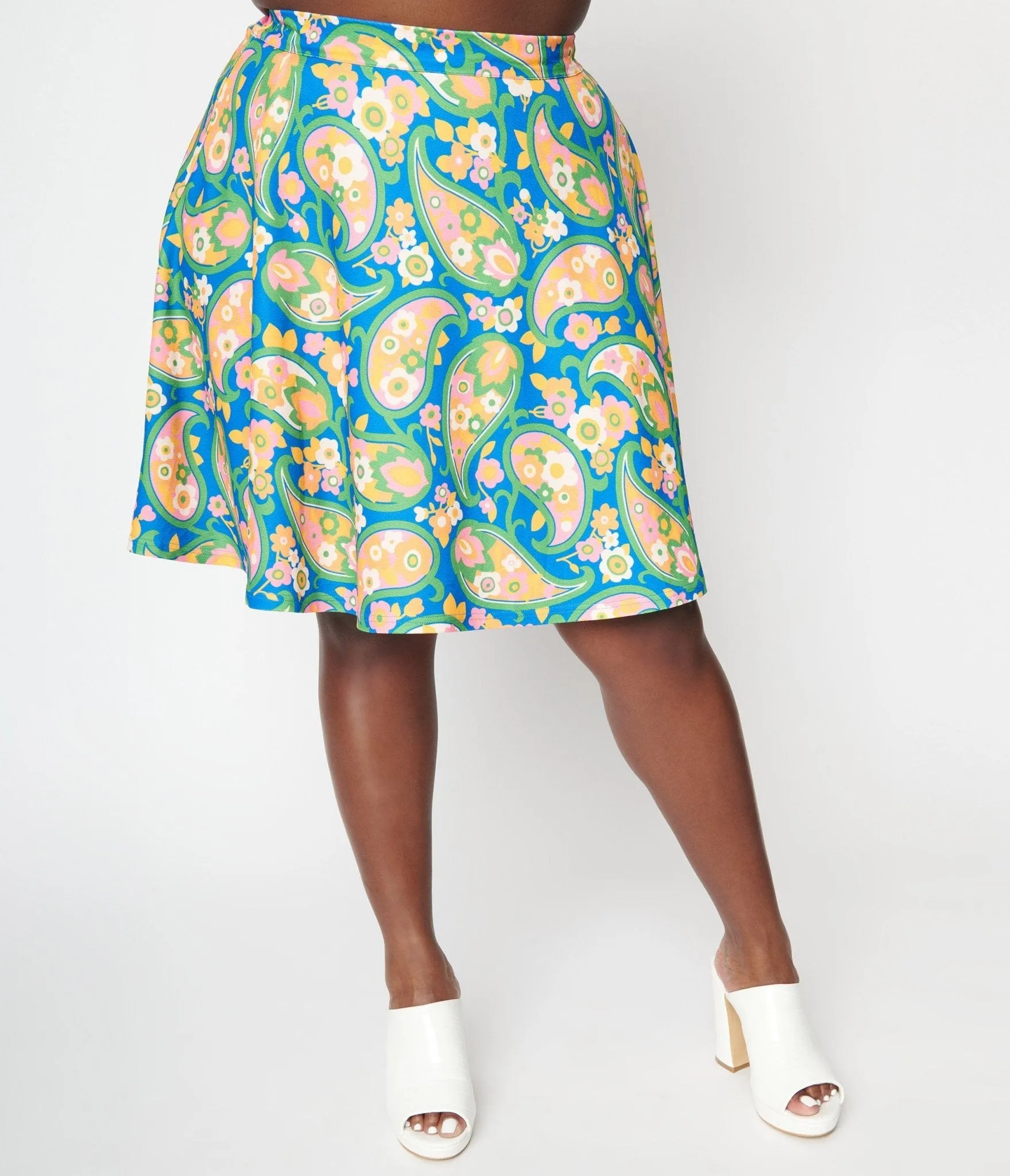 Smak Parlour Plus Size Blue Paisley Floral Mod Print Sweet Talk Flare Skirt