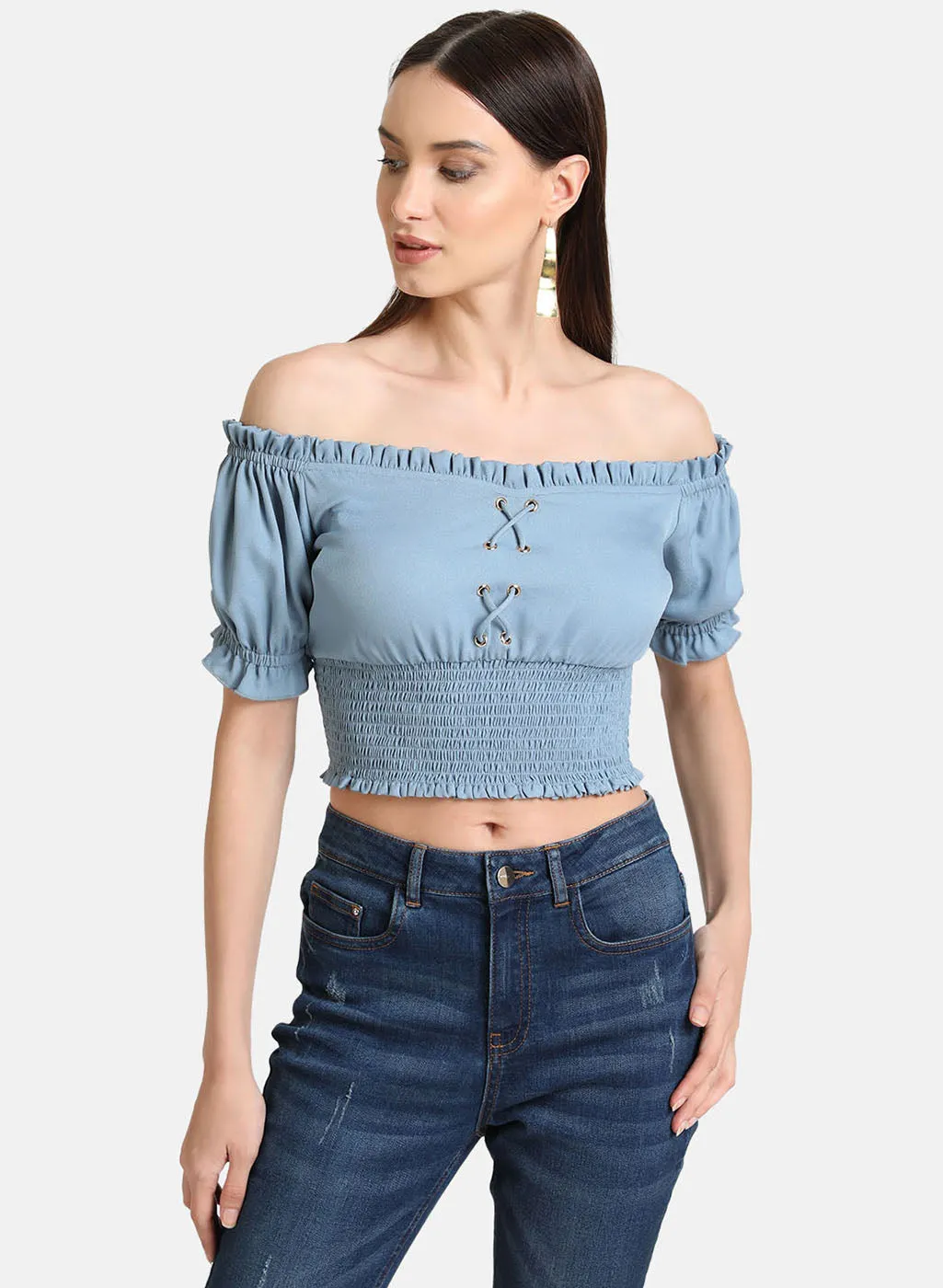 Smocked Wide Neck Crop Top