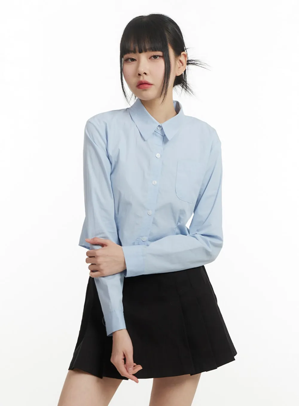 Solid Collar Cropped Long Sleeve Blouse IM406