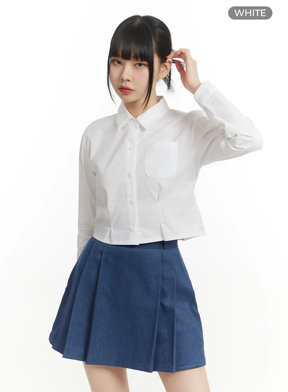 Solid Collar Cropped Long Sleeve Blouse IM406