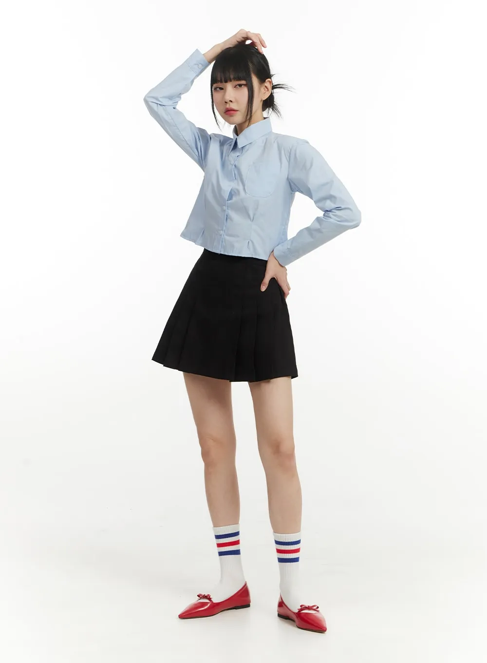 Solid Collar Cropped Long Sleeve Blouse IM406