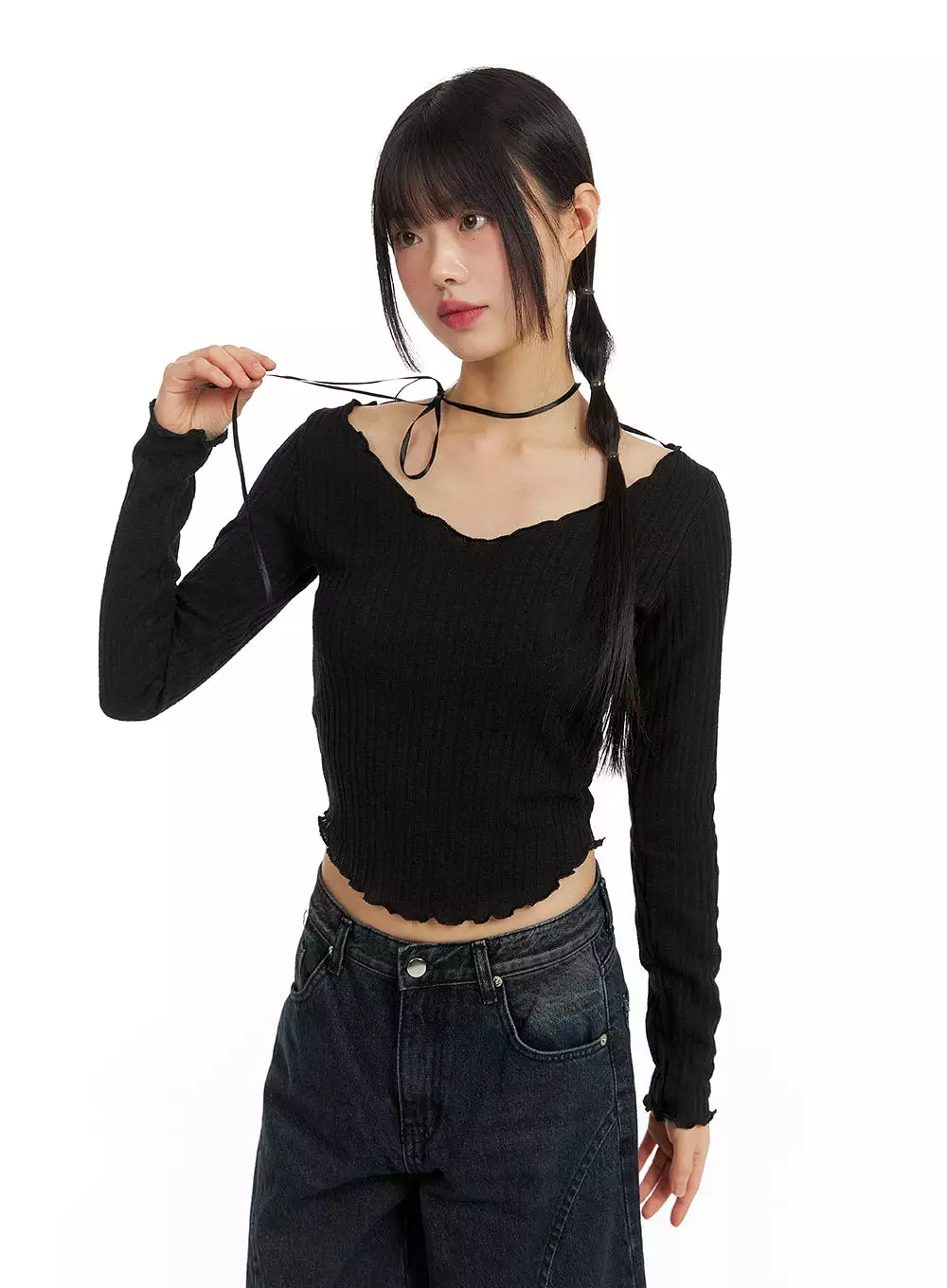 Solid Long Sleeve V-Neck Crop Top CF420