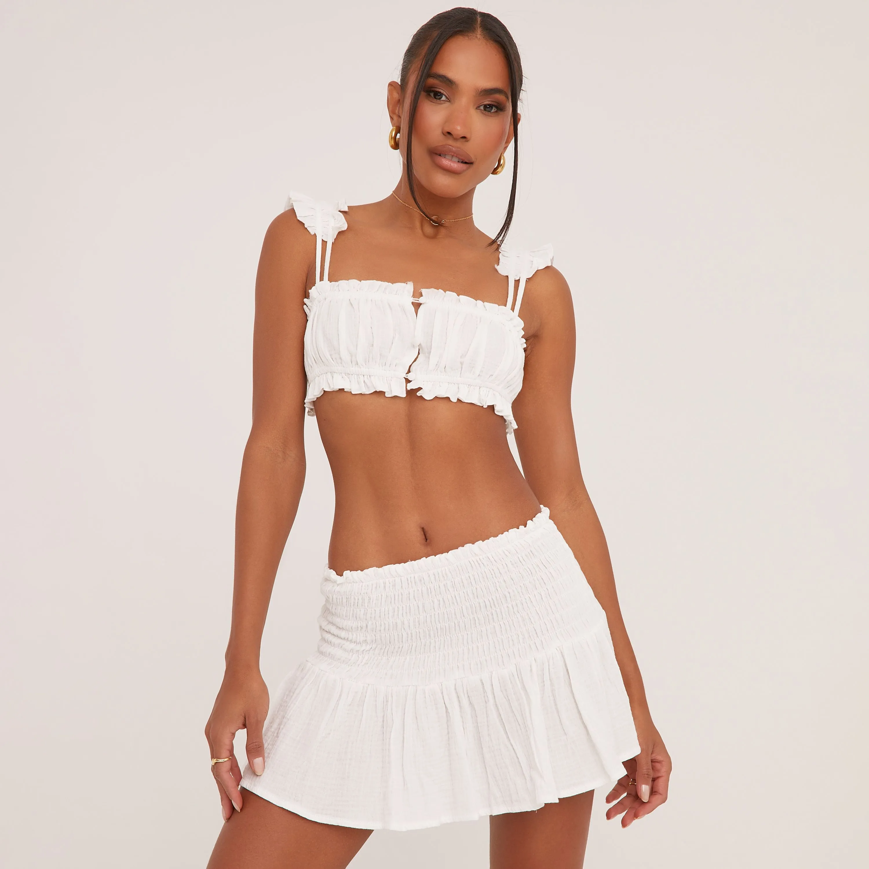 Square Neck Button Front Shirred Crop Top In White Textured Woven