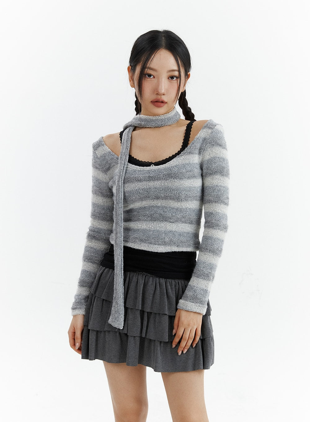 Striped U-Neck Crop Top with Scarf CJ424