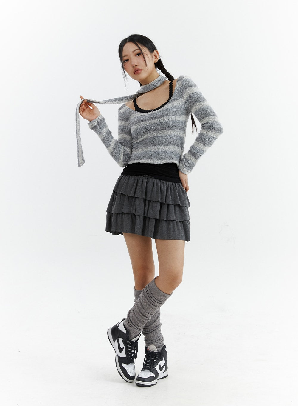 Striped U-Neck Crop Top with Scarf CJ424