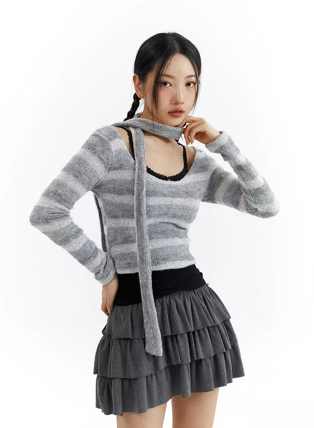 Striped U-Neck Crop Top with Scarf CJ424